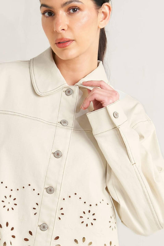 Sunday Leaf Twill Jacket in ecru, view 6 — Soul Flow Apparel