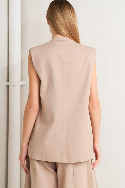 Elegant Pleat Woven Midi Vest in latte, view 4 — Soul Flow Apparel