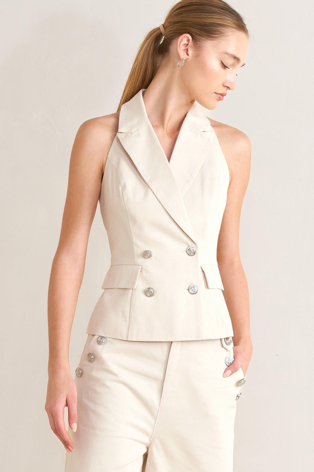 Runway Tailored Woven Vest in ecru, view 5 — Soul Flow Apparel