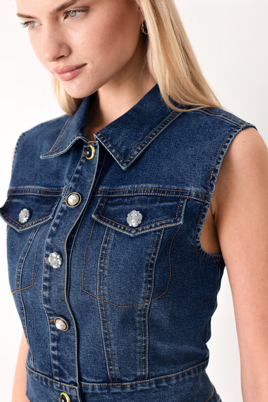 Sweet Talker Denim Crop Vest in indigo, view 2 — Soul Flow Apparel