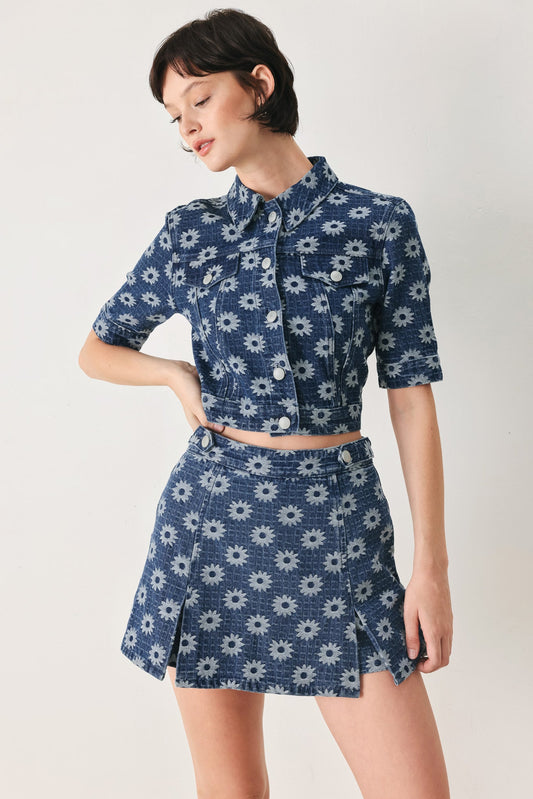 Sweet Daisy Woven Jacquard Denim Jacket in indigo, view 7 — Soul Flow Apparel