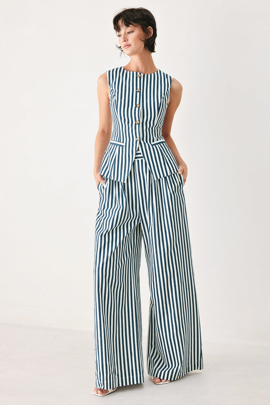 Portside Stripe Woven Vest in blue white, view 4 — Soul Flow Apparel