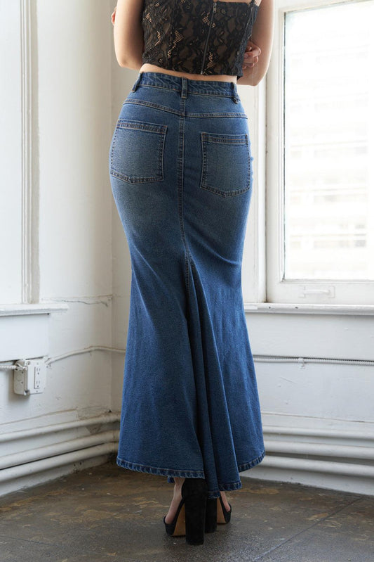 Whispering Winds Denim Midi Skirt in indigo, view 2 — Soul Flow Apparel