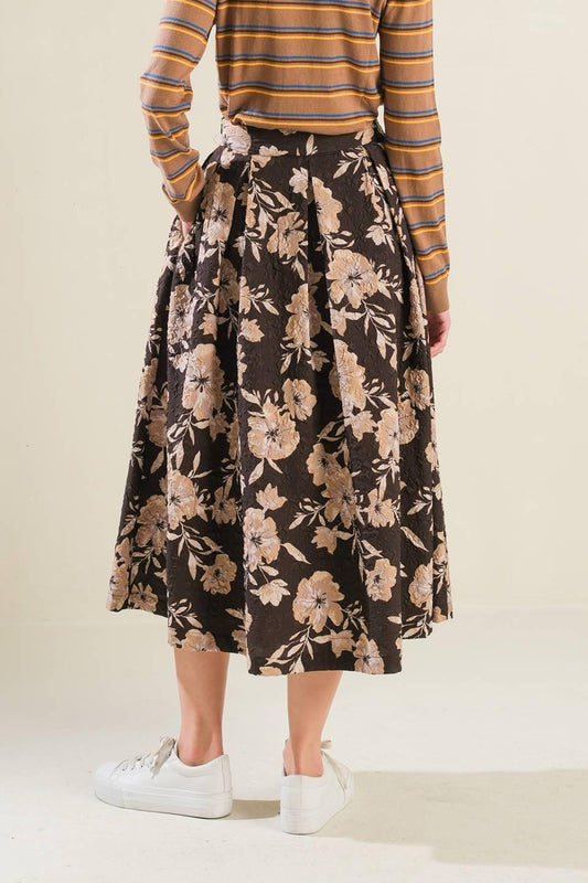 Posh Presence Woven Midi Skirt in dark brown, view 2 — Soul Flow Apparel