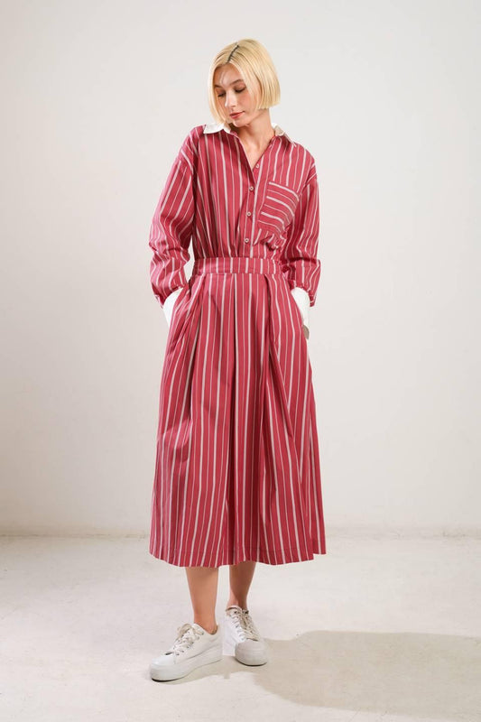 Behind the Grin Woven Midi Skirt in red, view 5 — Soul Flow Apparel