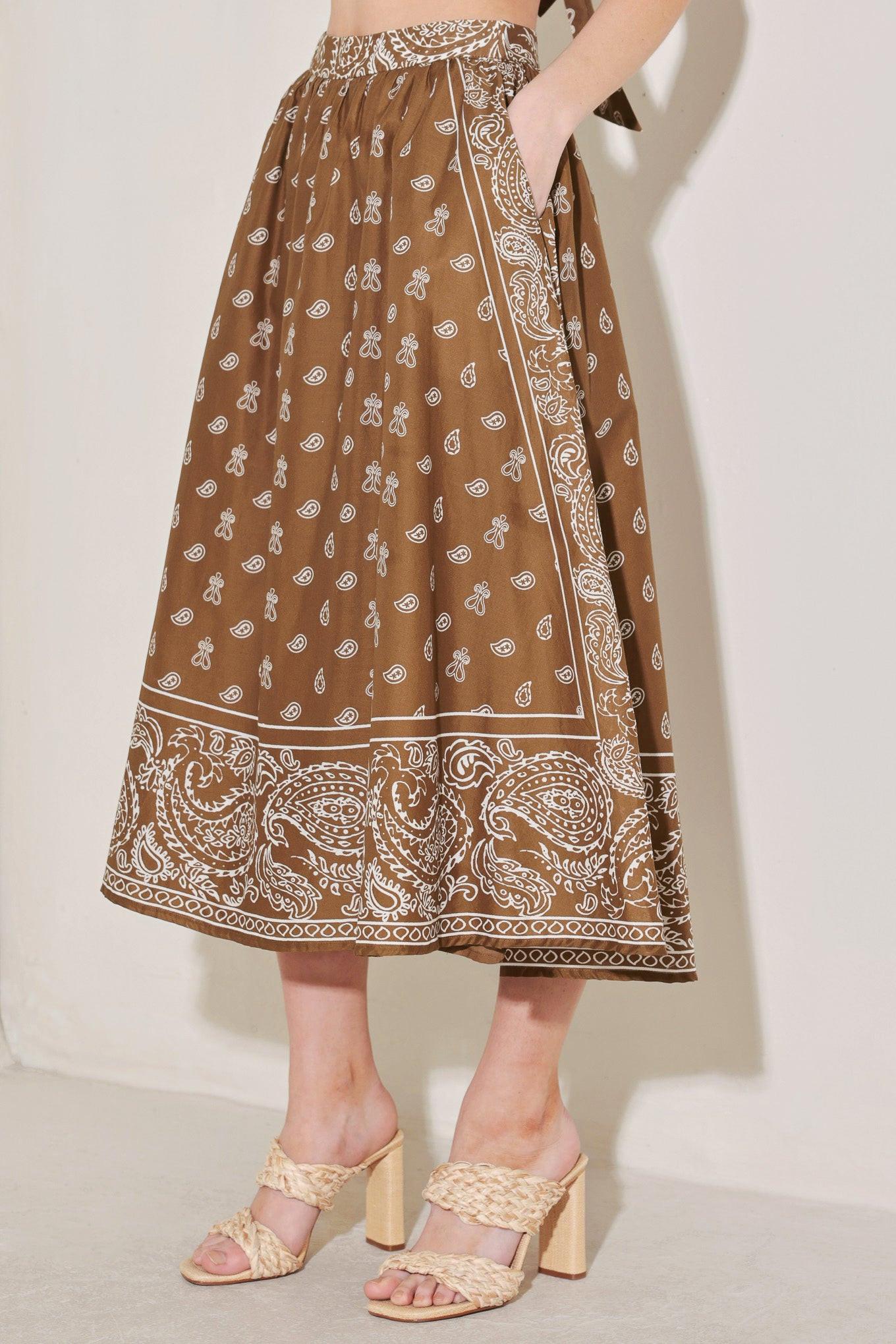 The More the Merrier Woven Full Midi Skirt in brown white, view 3 — Soul Flow Apparel