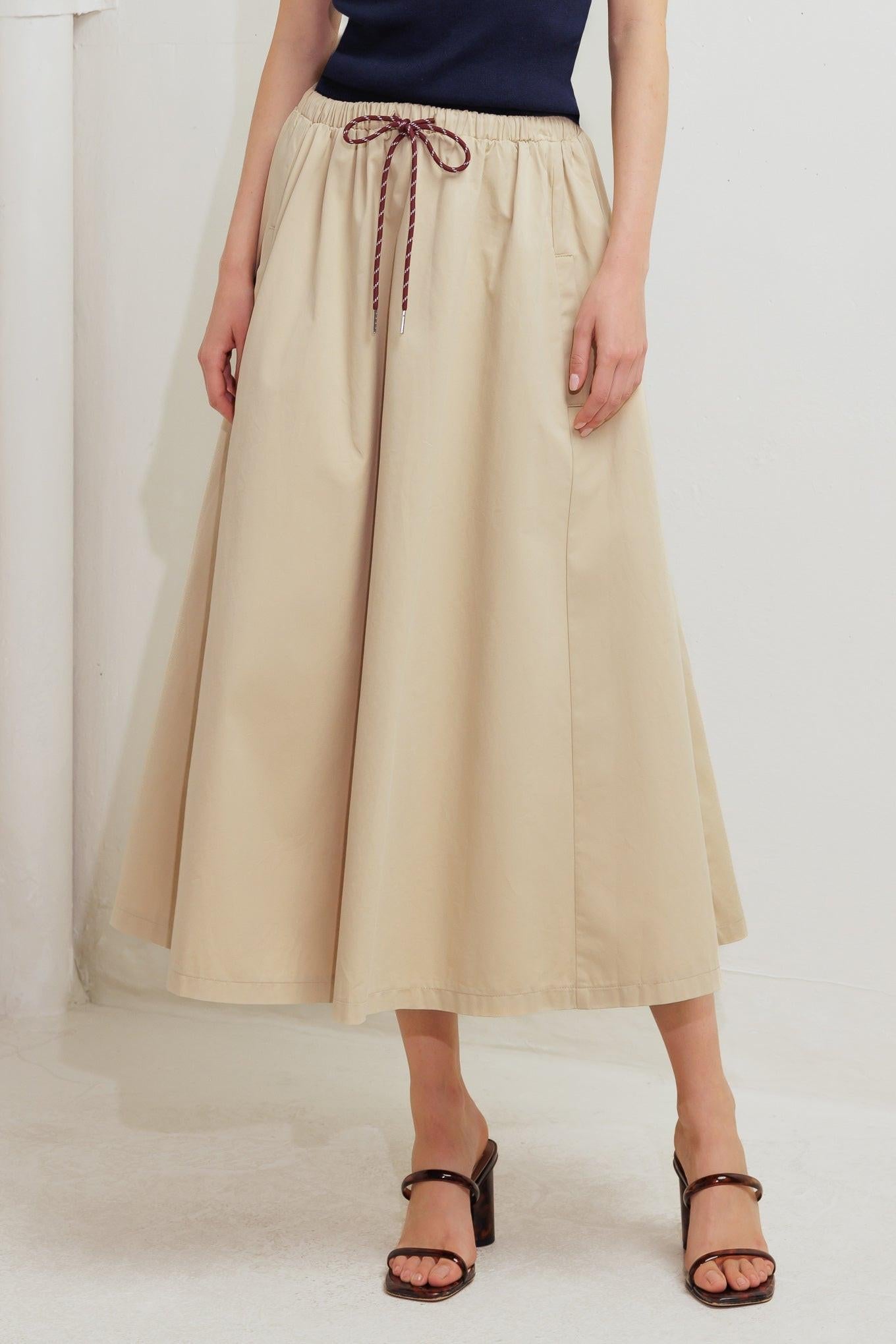 Weekend Parisian Woven Midi Skirt in taupe, view 3 — Soul Flow Apparel