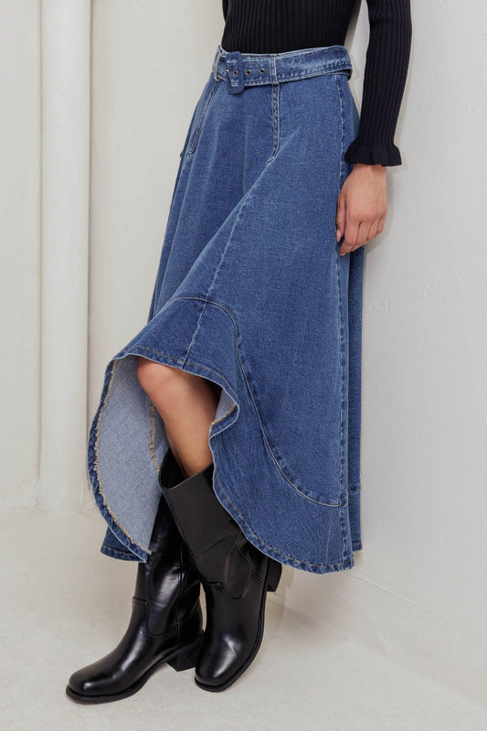 Cowboy Curve Denim Midi Skirt in medium indigo, view 5 — Soul Flow Apparel