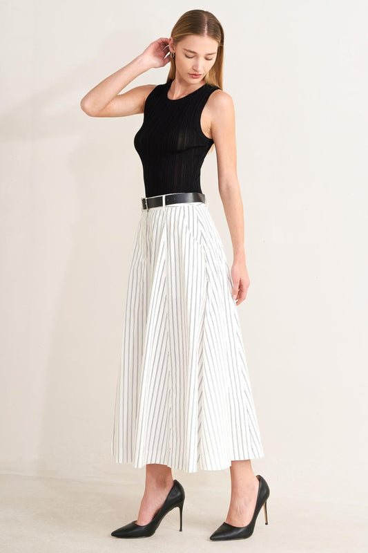 Uptown Stripe Woven Midi Circle Skirt in white, view 3 — Soul Flow Apparel
