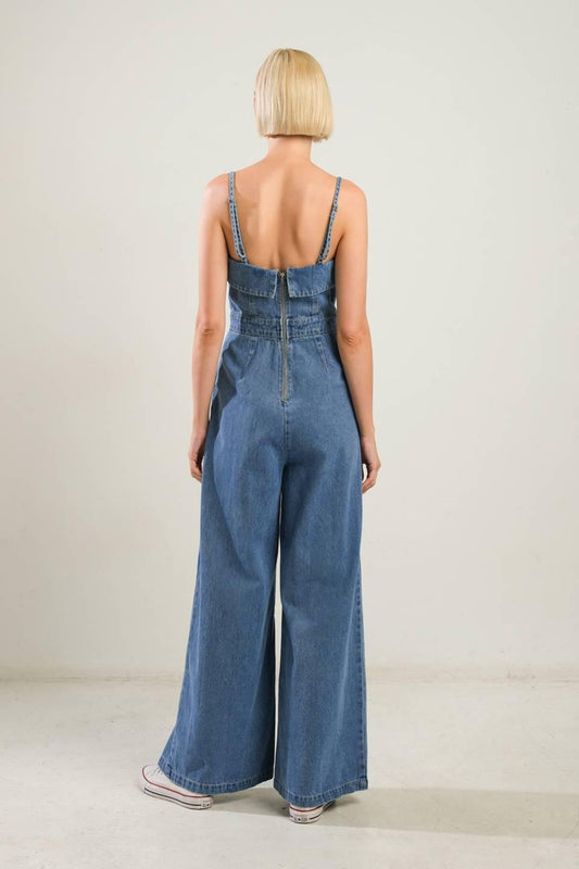 Urban Elegance Denim Jumpsuit in light indigo, view 2 — Soul Flow Apparel