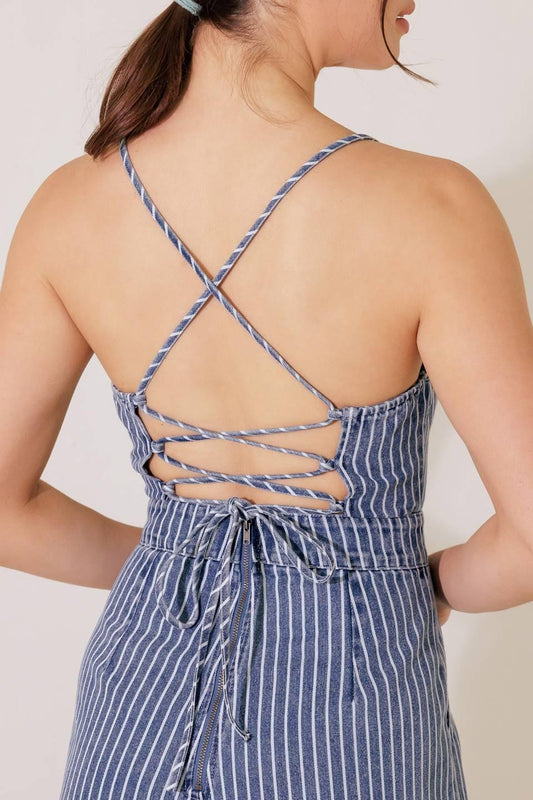 Begin Again Blue Denim Jumpsuit in white, view 7 — Soul Flow Apparel