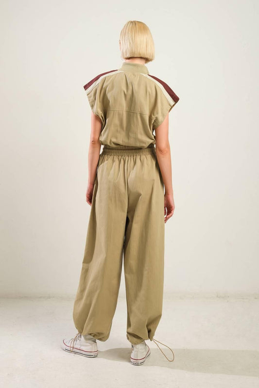 Wave of Elegance Woven Jumpsuit in camel, view 2 — Soul Flow Apparel