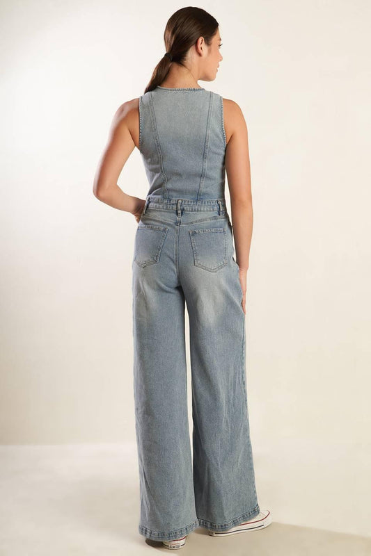 Walk with Me Denim Jumpsuit in light, view 4 — Soul Flow Apparel