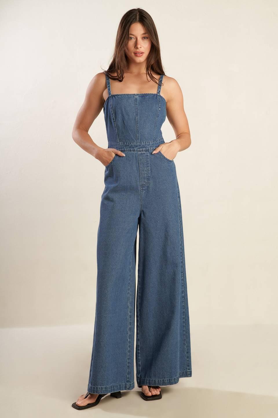 Clean Girl Denim Jumpsuit in medium indigo, view 1 — Soul Flow Apparel