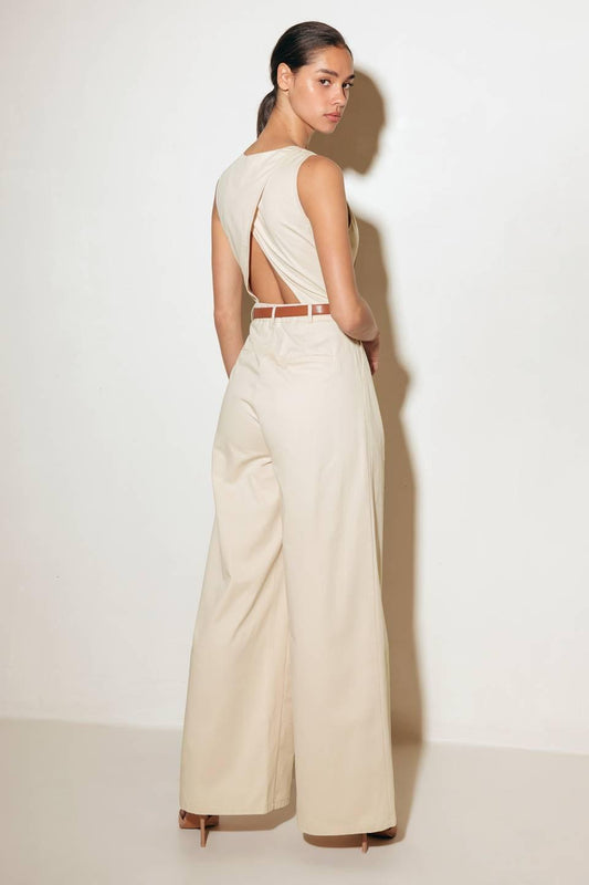 Everyday Essential Woven Jumpsuit in almond, view 6 — Soul Flow Apparel