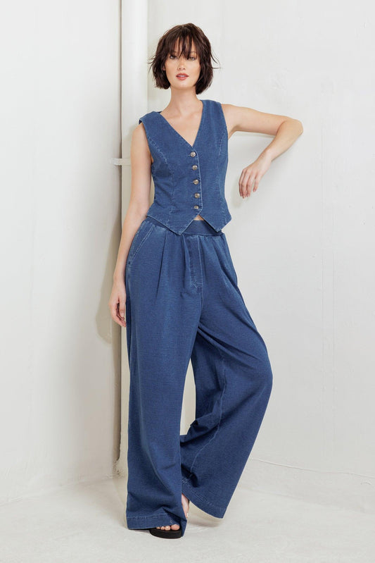 Urban Indigo French Terry Denim Pants in blue, view 2 — Soul Flow Apparel