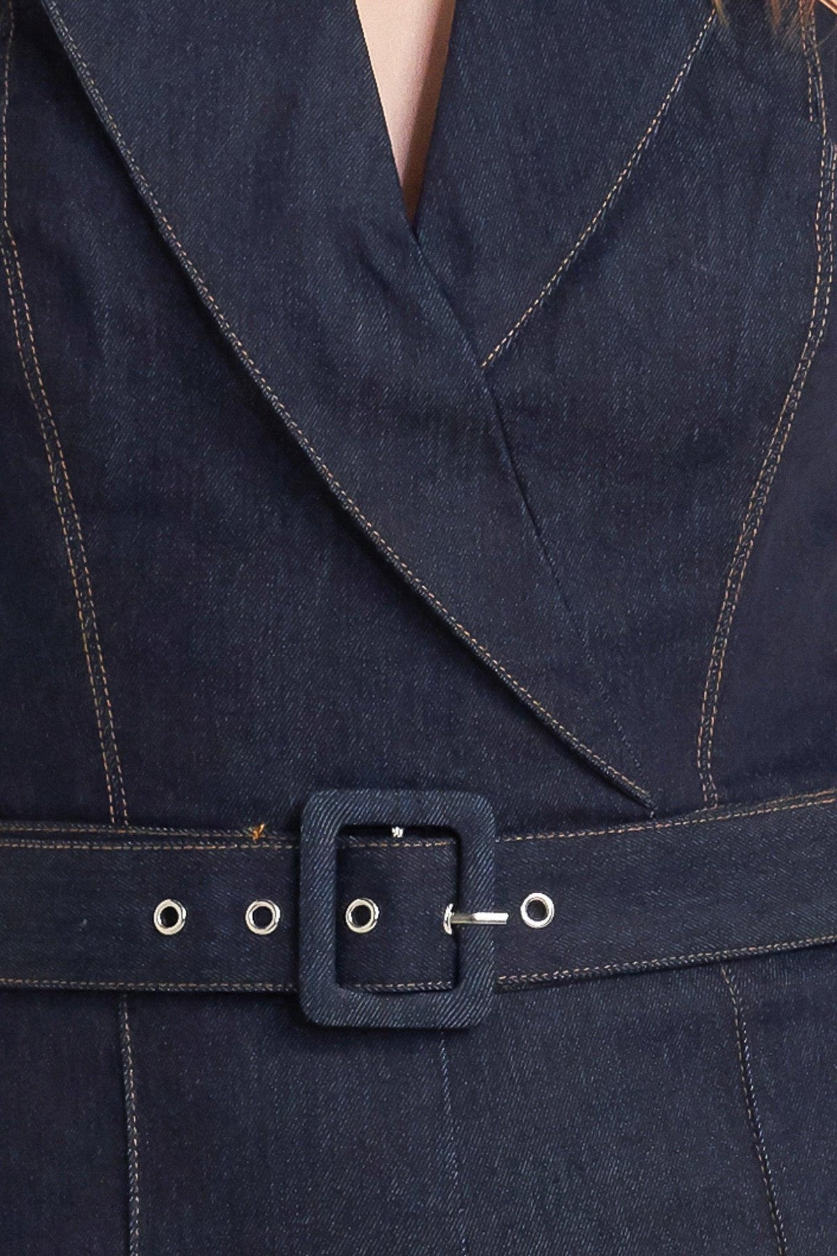 Le Bonheur V Cut Vow Denim Jumpsuit in dark, fabric swatch — Soul Flow Apparel