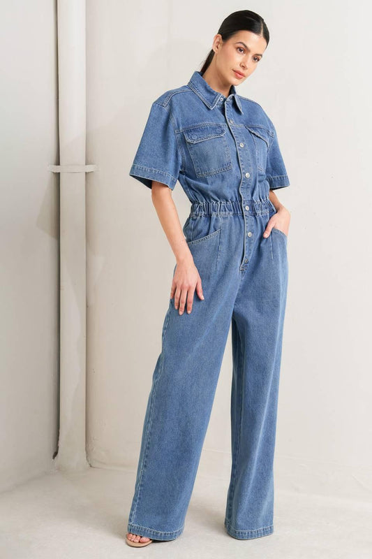 Relax Utility Denim Jumpsuit in medium indigo, view 2 — Soul Flow Apparel