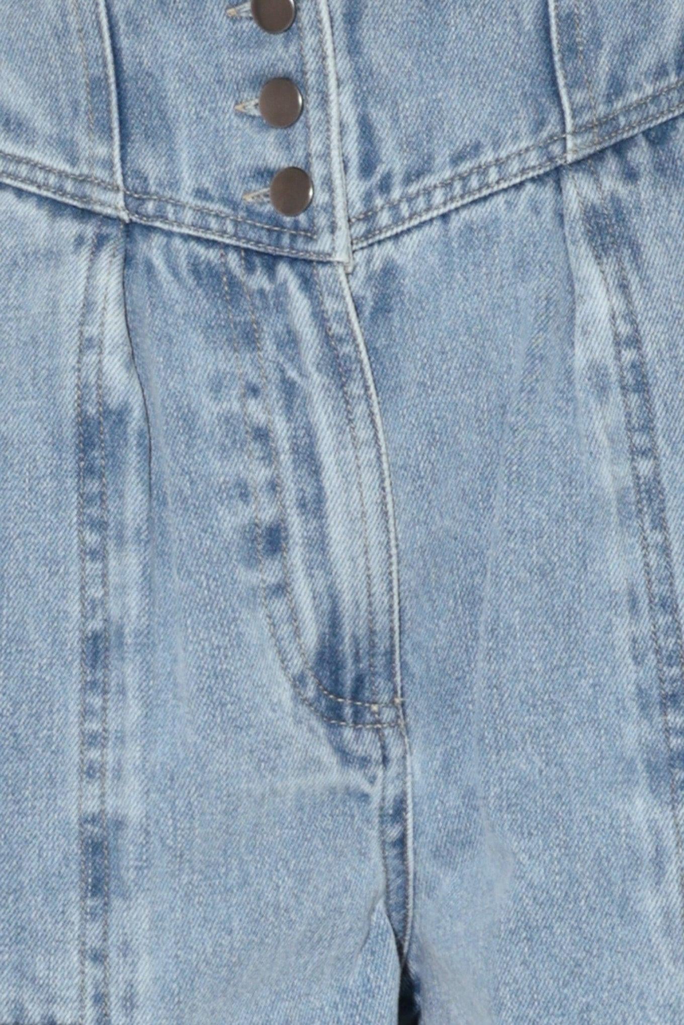 Sunlit Denim Moment Shorts in light indigo, fabric swatch — Soul Flow Apparel