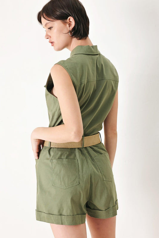 Cutie Explorer Woven Romper in light olive, view 6 — Soul Flow Apparel