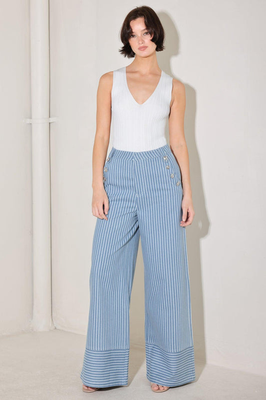 Pinstripe Prestige Woven Pants in denim white, view 4 — Soul Flow Apparel