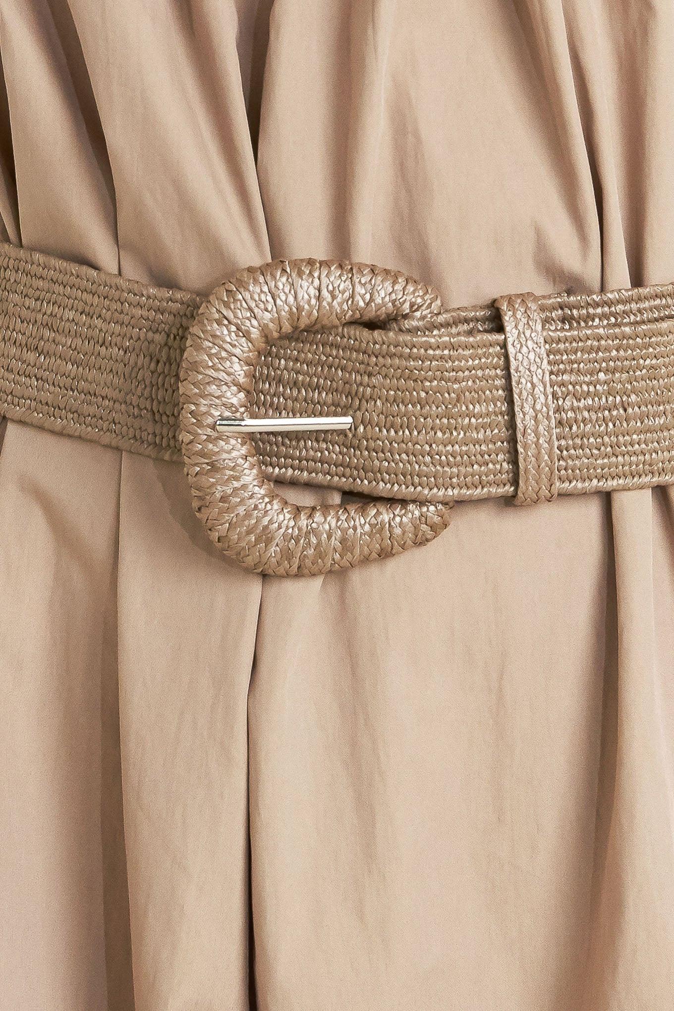 Quiet Sensuality Woven Jumpsuit in sand, fabric swatch — Soul Flow Apparel