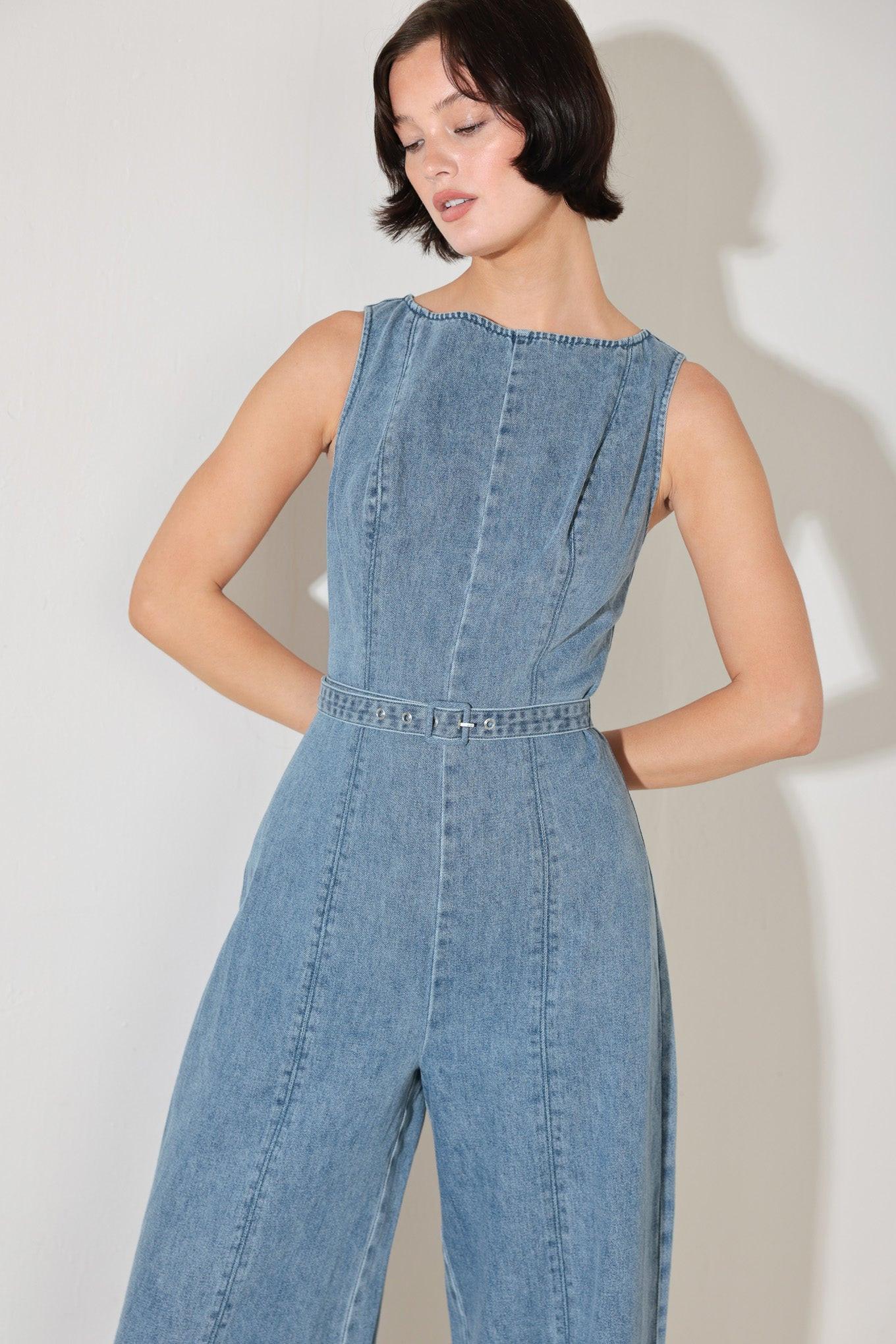 Elevated Edge Denim Jumpsuit in light, view 4 — Soul Flow Apparel