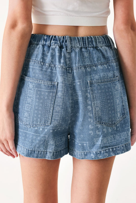 Vintage Bandana Denim Shorts in light indigo, view 3 — Soul Flow Apparel