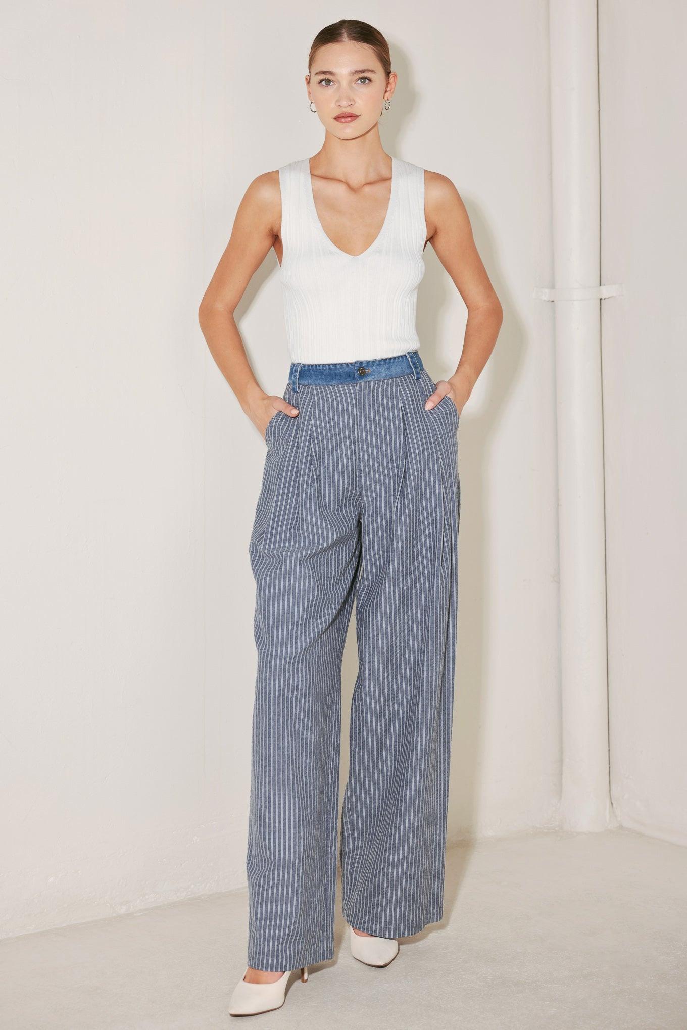 Marina Pinstripe Woven Seersucker Pants in navy, view 6 — Soul Flow Apparel