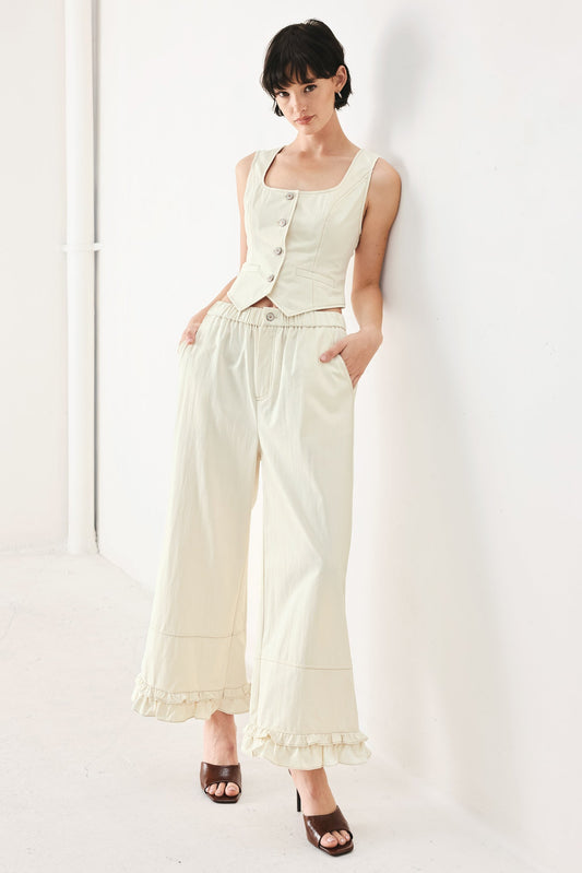 Sunday Soft Flow Woven Culotte Pants in oatmeal, view 2 — Soul Flow Apparel