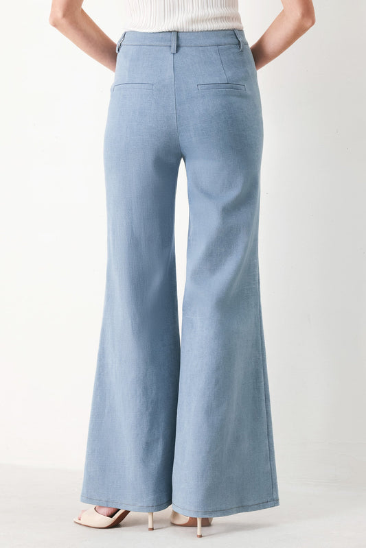 Luna Flare Woven Pants in light denim, view 4 — Soul Flow Apparel