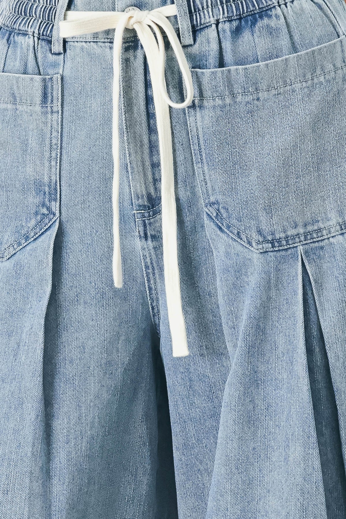 Cloud Wash Palazzo Denim Pants in light denim, fabric swatch — Soul Flow Apparel