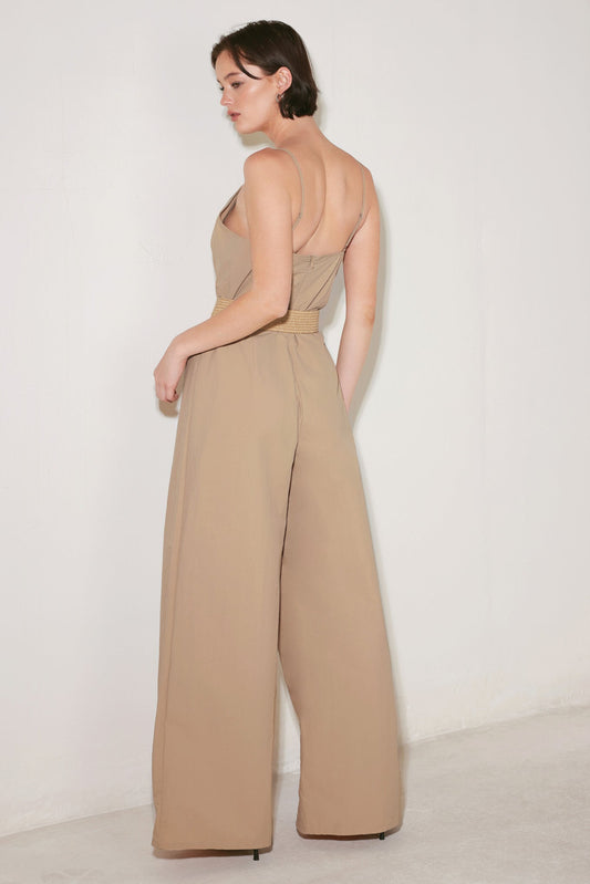 Neutral Goddess Woven Jumpsuit in sand, view 6 — Soul Flow Apparel