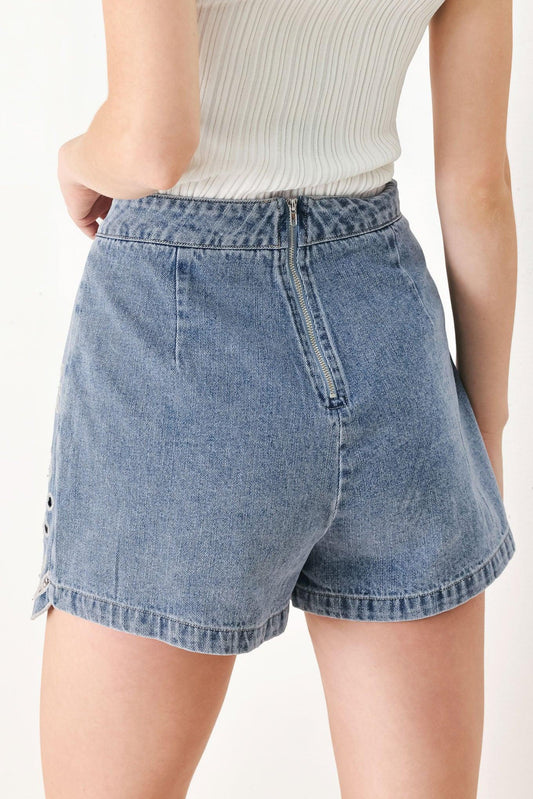 Floral Love Denim Skort in light denim, view 4 — Soul Flow Apparel