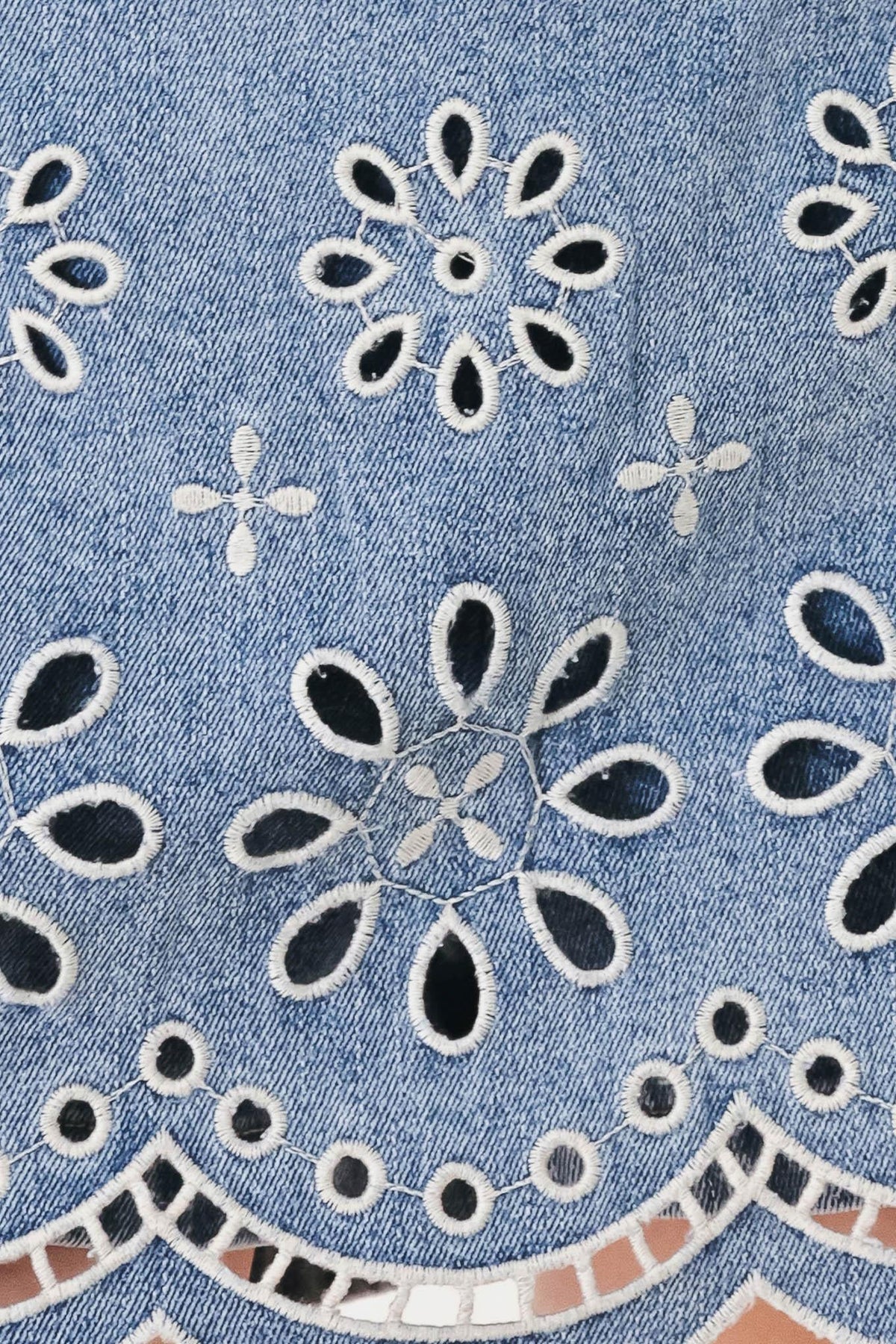 Floral Love Denim Skort in light denim, fabric swatch — Soul Flow Apparel