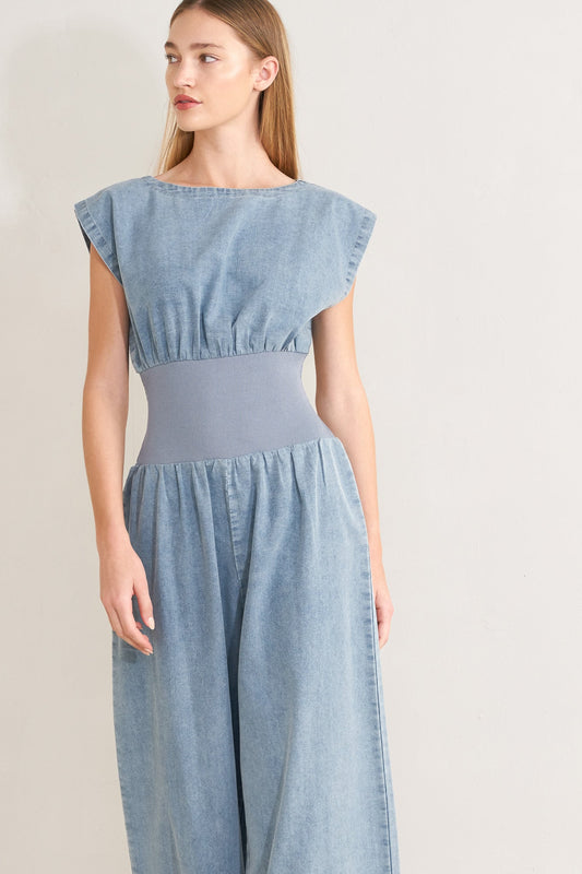 Running In Denim Jumpsuit in light denim, view 1 — Soul Flow Apparel