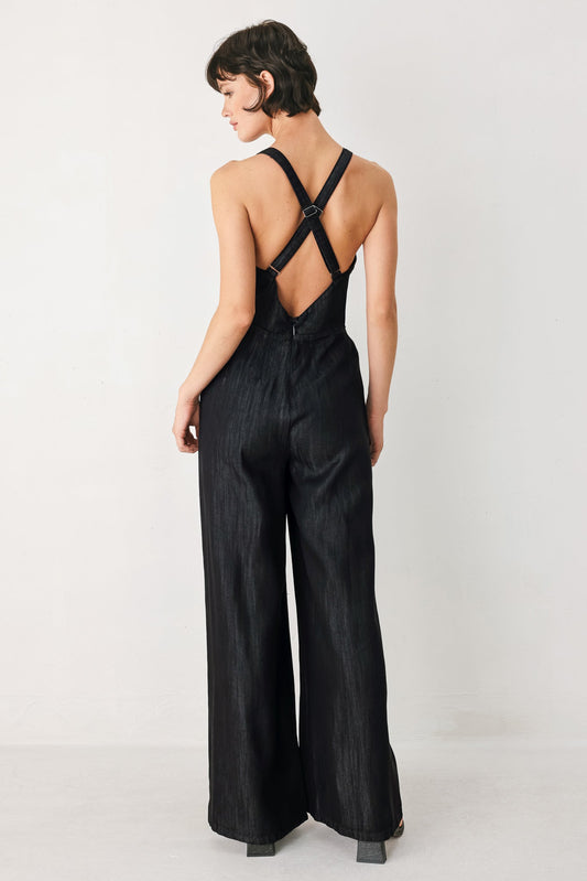 Noir Coas Woven Jumpsuit in black denim, view 7 — Soul Flow Apparel