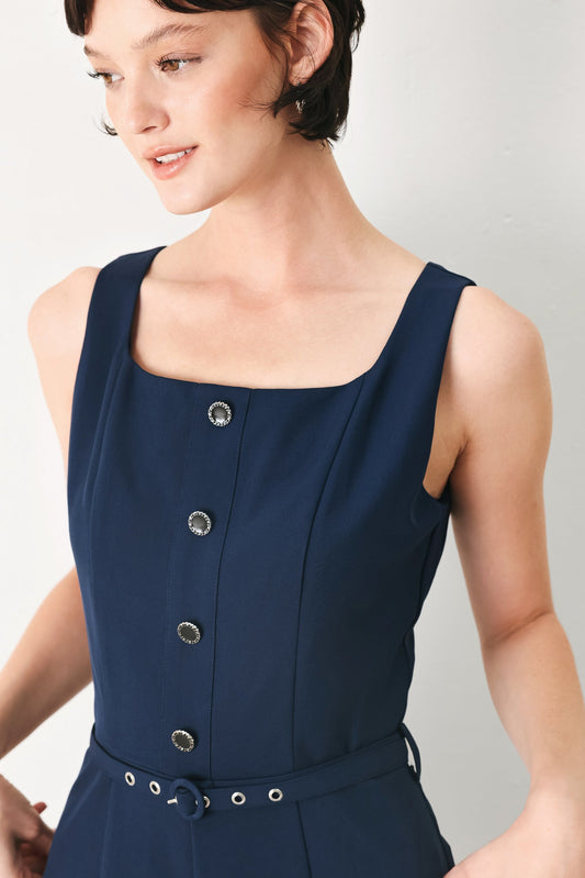 After Hours Elegance Woven Jumpsuit in navy, view 4 — Soul Flow Apparel