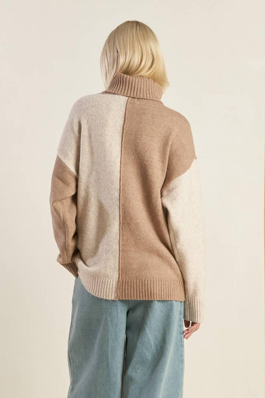 Mixed Emotions Colorblocked Sweater Top in mochacombo, view 2 — Soul Flow Apparel