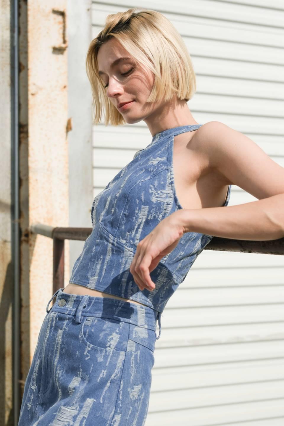 Breezy Adoration Denim Crop Top in medium indigo, view 5 — Soul Flow Apparel
