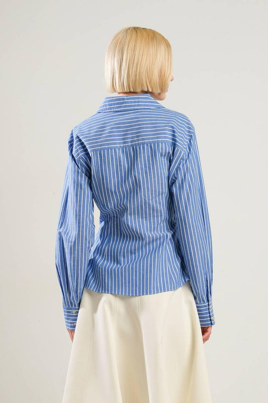 Evermore Elegance Woven Top in blue white, view 2 — Soul Flow Apparel