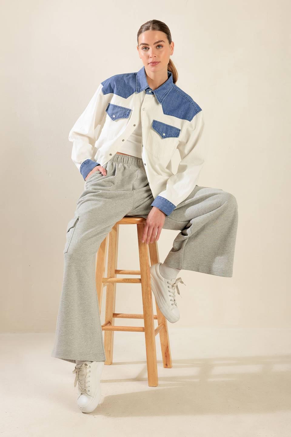 Keep It Going Woven and Denim Shirt in white blue, view 7 — Soul Flow Apparel