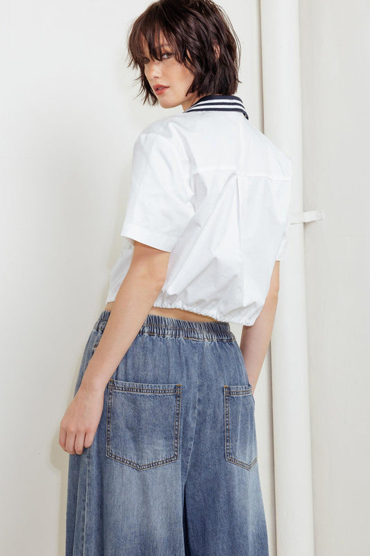 Coastal Collar Woven Crop Top in white, view 8 — Soul Flow Apparel