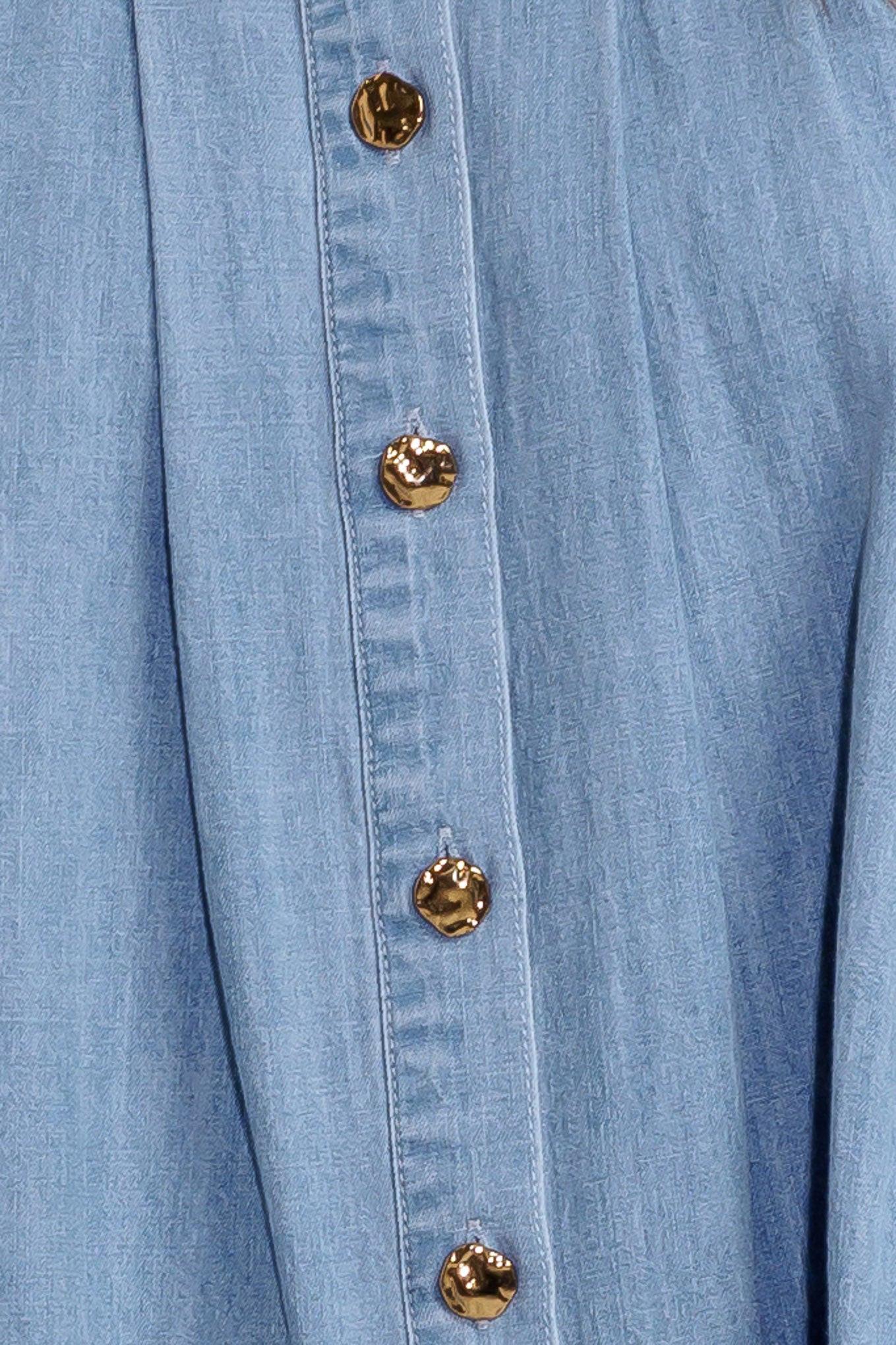 Serenity Hill Chambray Top in light blue denim, fabric swatch — Soul Flow Apparel