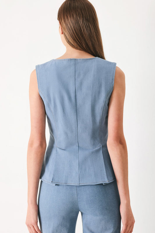 Luna Flare Woven Top in light denim, view 4 — Soul Flow Apparel
