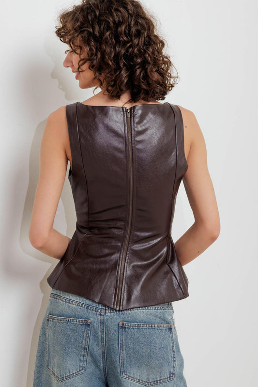 Urban Chic Minimalism Faux Leather Top in chocolate, view 7 — Soul Flow Apparel