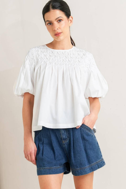 White Dream Puff Woven Top, view 2 — Soul Flow Apparel