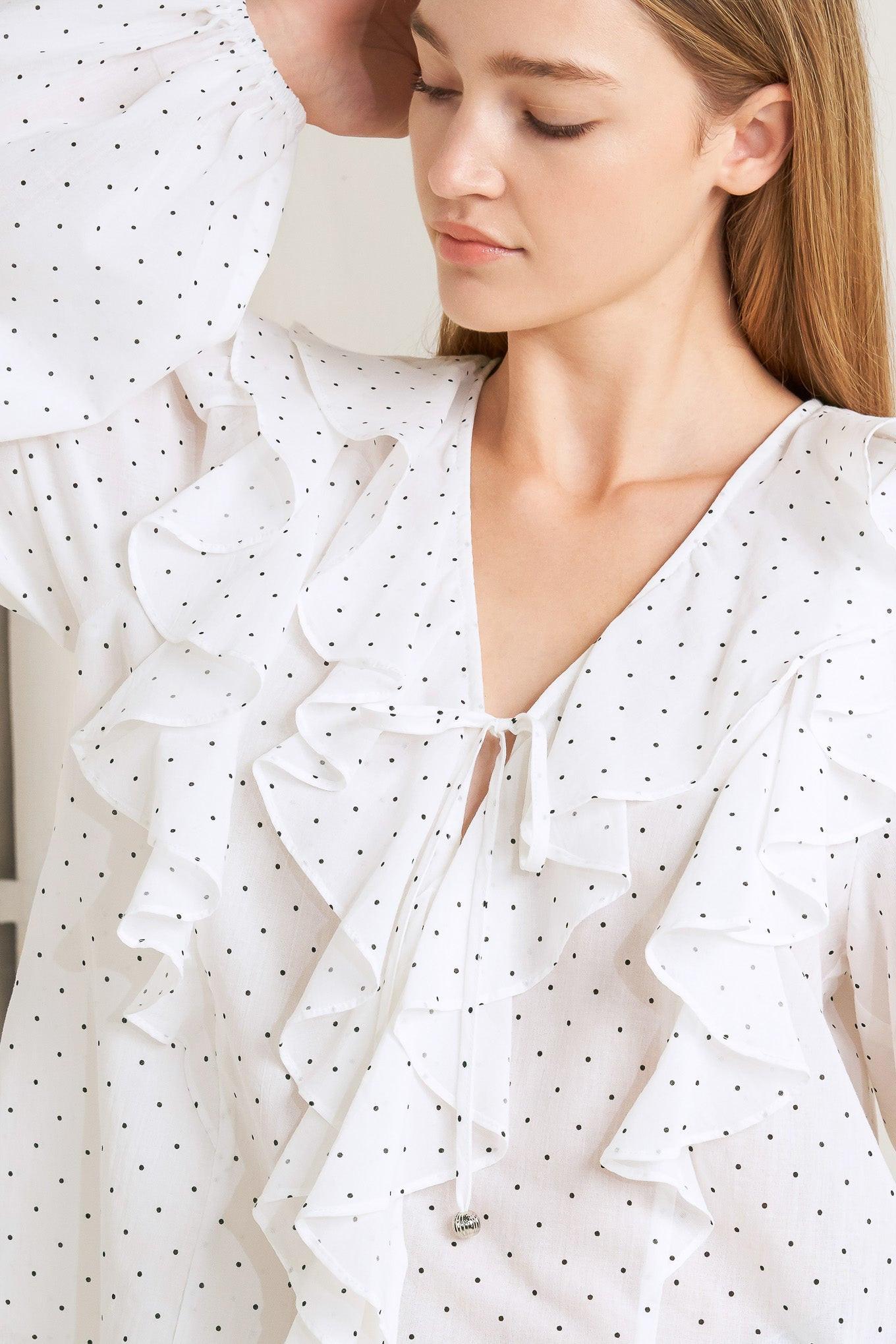 Made of Dreams Polka Dot Woven Top in white black, view 2 — Soul Flow Apparel