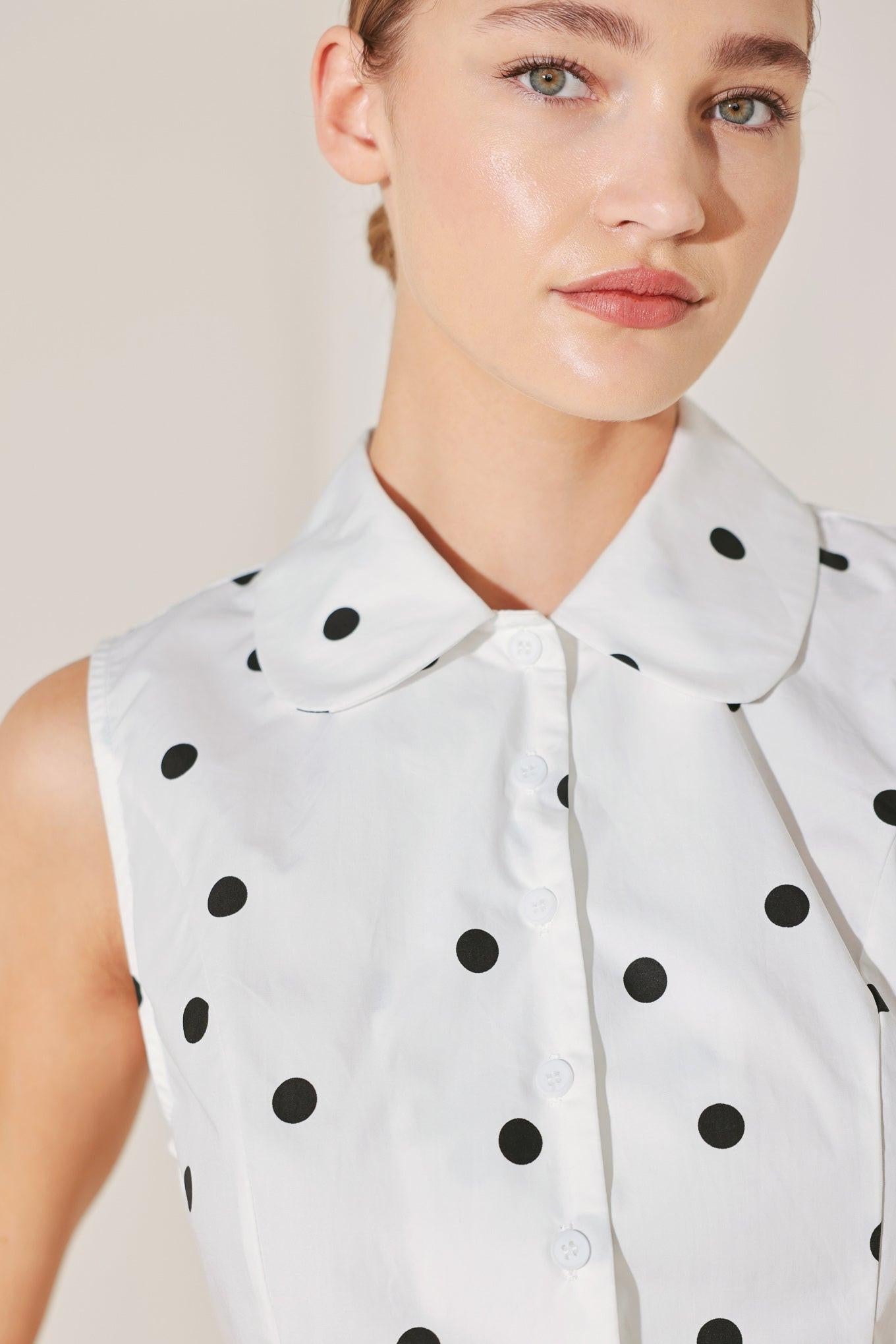 Café Noir Polka Woven Top in white black, view 3 — Soul Flow Apparel