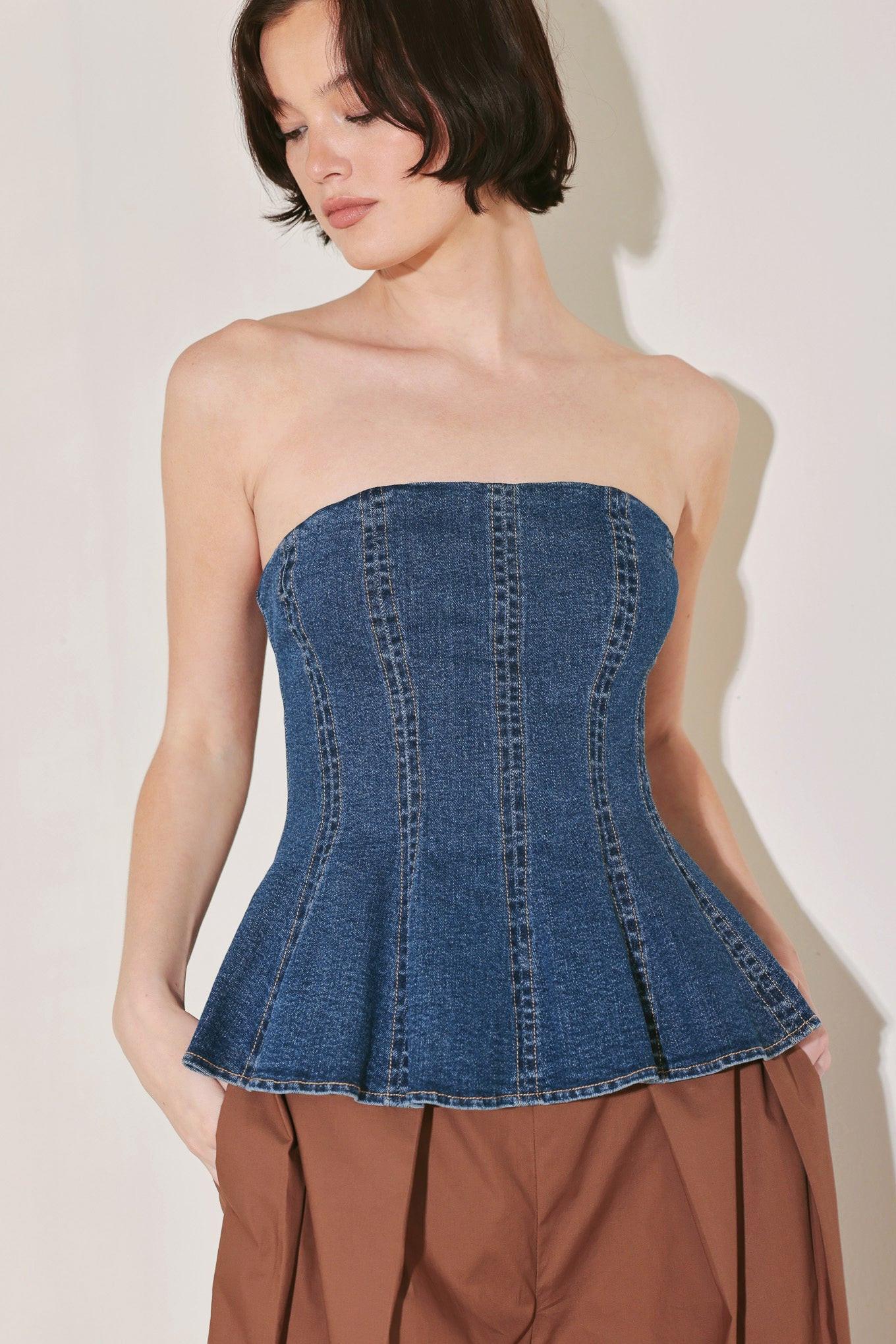 Power Play Denim Top in medium indigo, view 4 — Soul Flow Apparel